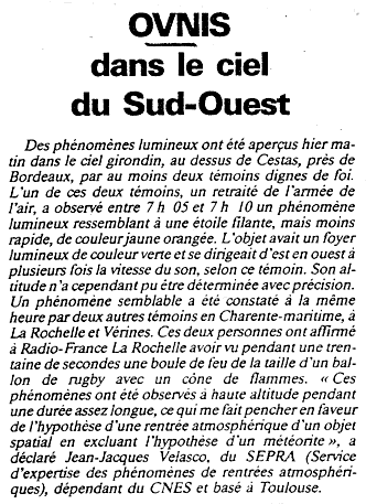 OVNIS DANS LE CIEL DU SUD-OUEST Même article que les précédents
