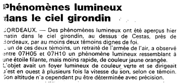 PHENOMENES LUMINEUX DANS LE CIEL GIRONDIN Résumé des premiers articles