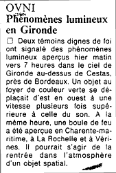 PHENOMENES LUMINEUX EN GIRONDE Même article que dans l'Aurore