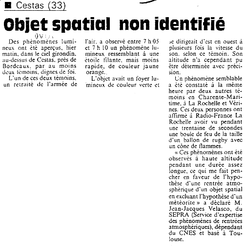 OBJET SPATIAL NON IDENTIFIE Même article que les précédents