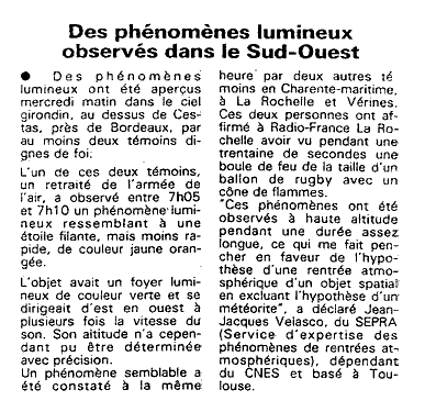 DES PHENOMENES LUMINEUX OBSERVES DANS LE SUD-OUEST Court, témoignages, le SEPRA exclut un météore