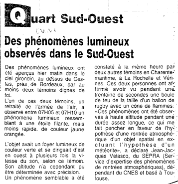 DES PHENOMENES LUMINEUX OBSERVES DANS LE SUD-OUEST Même article que le précédent