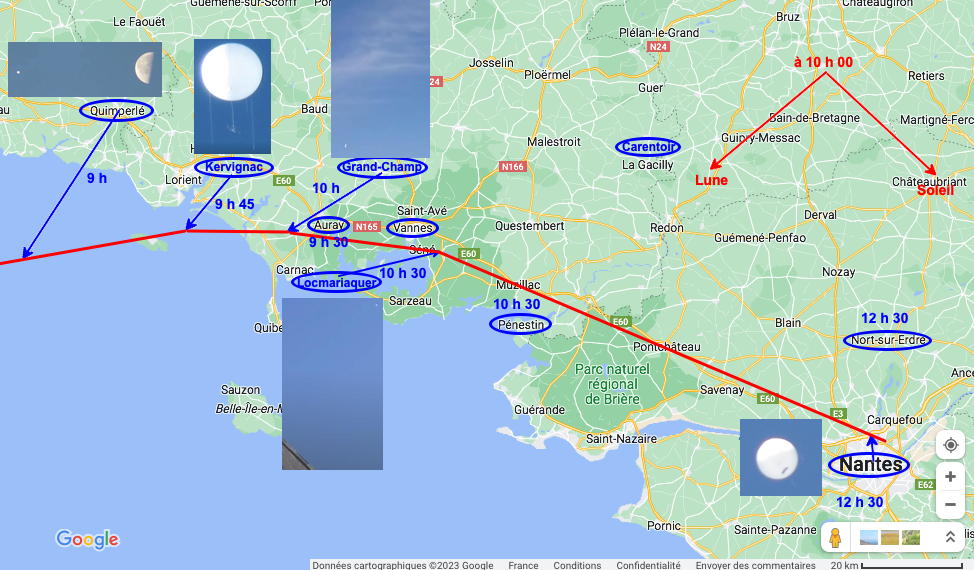 Trajectoire d'ouest en est un peu courbe, avec les lieux successifs d'observation et les distances et directions estimées