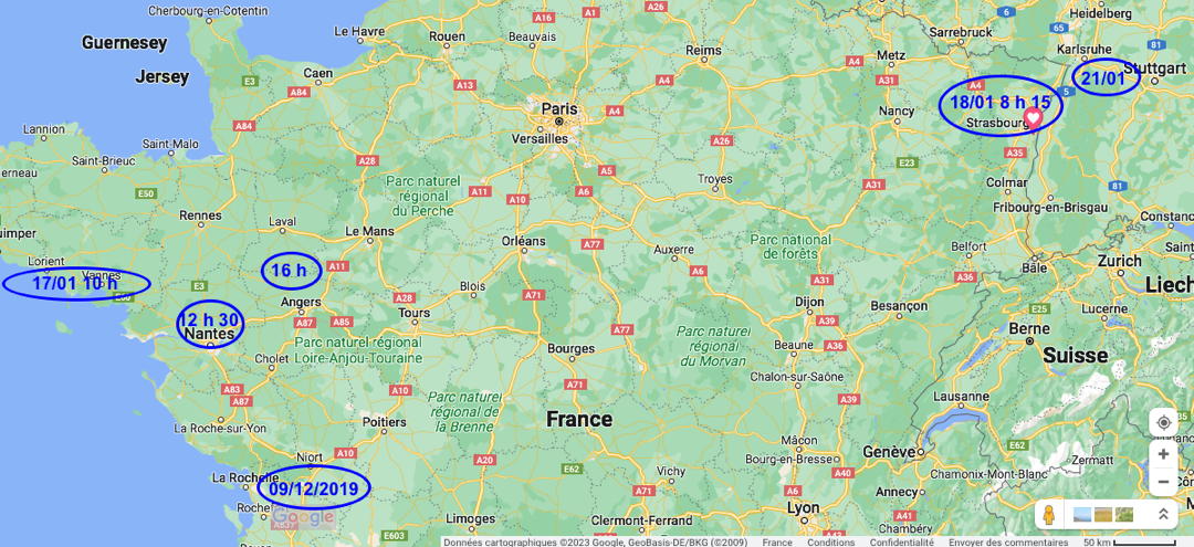 Trajectoire d'ouest en est un peu courbe, avec les lieux successifs d'observation et les distances et directions estimées