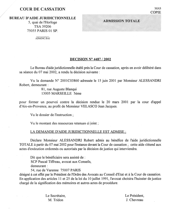 Admission à l'aide juridictionnelle
