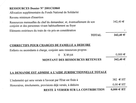 Indemnités de l'avocat : 382 € HT