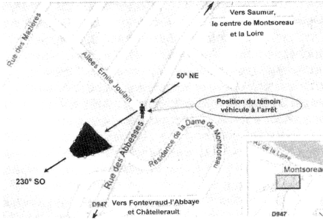 Plan, avec l'objet qui se déplace du nord-est au sud-ouest