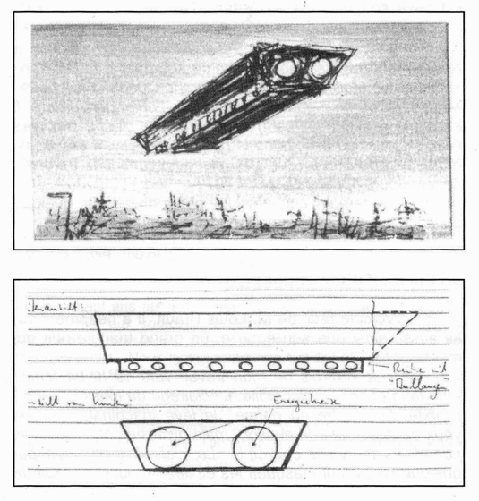 Schéma d'un objet très structuré, avec une rangée de hublots sur le côté en bas et deux « tuyères » à l'arrière