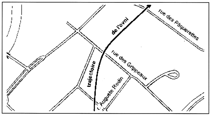 Plan des lieux avec une trajectoire courbe, venant du sud et se dirigeant vers le sud-est.