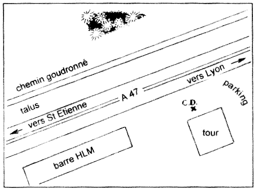 Plan des lieux avec l'objet passant au nord de l'autre côté de la route, d'ouest en est.