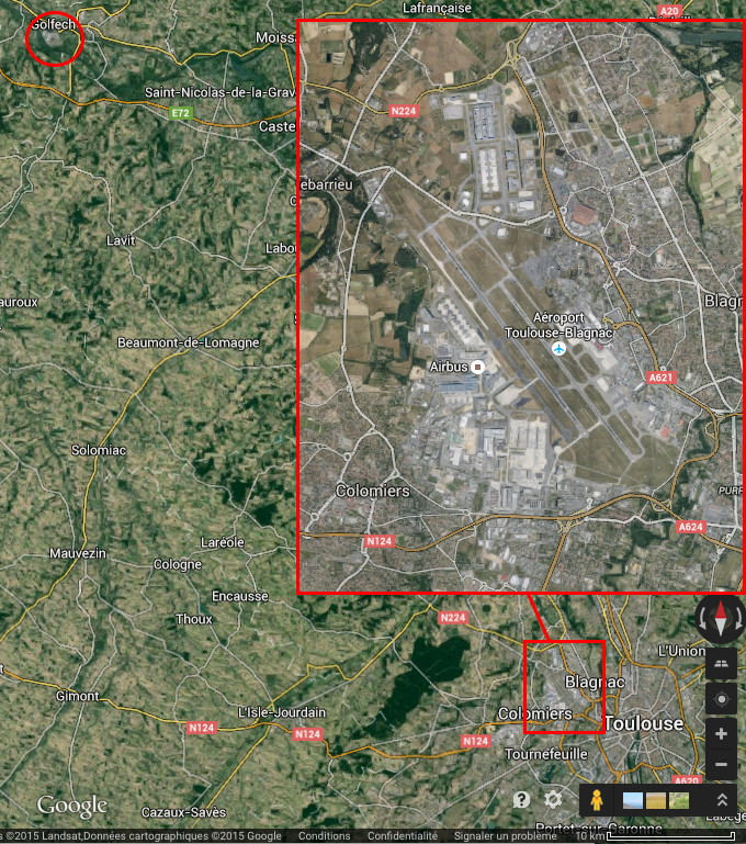Situation de l'aéroport de Blagnac, au sud-sud-est de Golfech