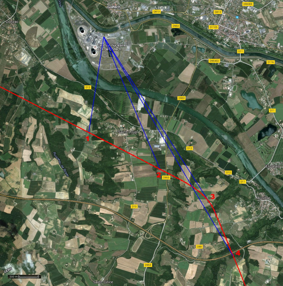 Trajectoire de l'avion venant de la Garenne et virant vers le sud; intersection avec les angles de visée du début de l'observation, du début de la vidéo, de la 11e seconde à l'amorce du virage, et de la fin de la vidéo
