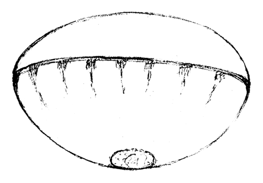 Dessin d'une sorte de sphère aplatie avec une bordure, des plis sous la bordure, et un cercle noir en bas