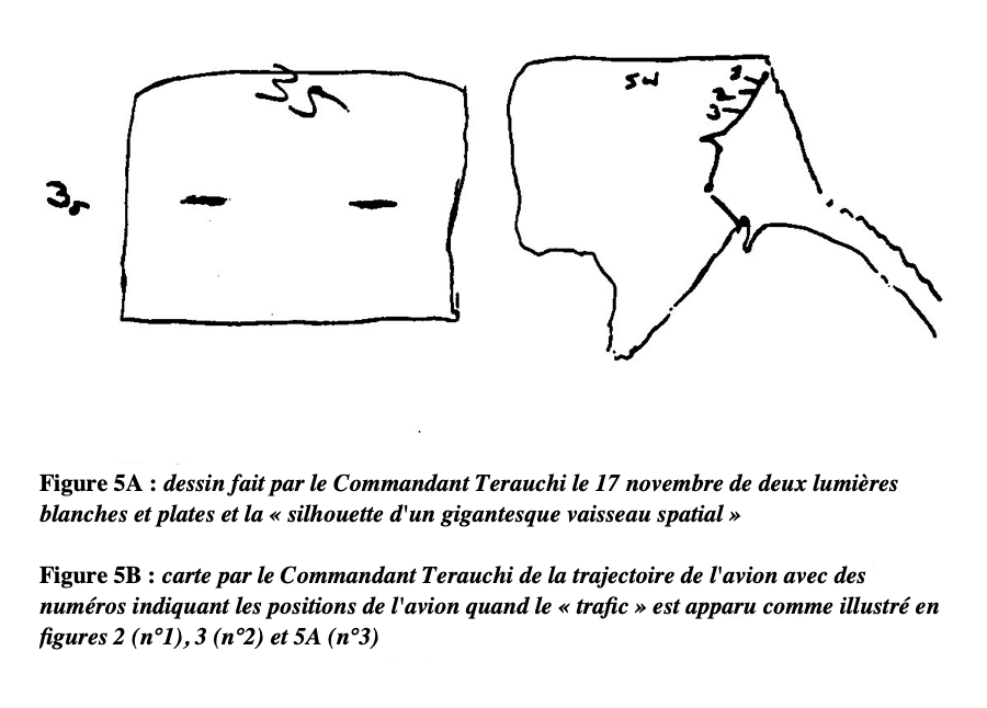 Figure 5A, deux lumières blanches et plates, 5B carte de la trajectoire de l'avion avec les trois positions illustrées par les figures 2, 3 et 5A