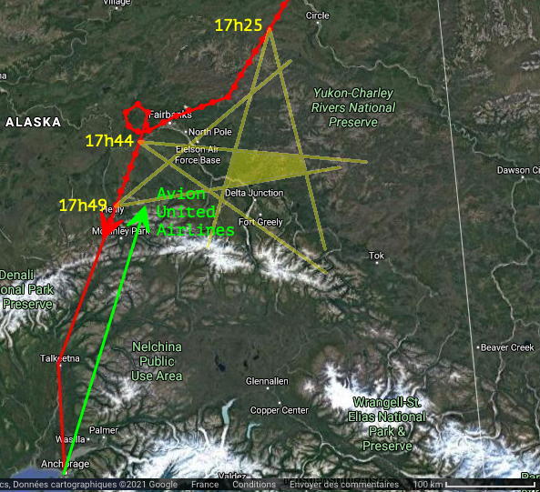 Les directions des lumières pâles à trois moments, l'intersection des trois zones de confiance délimite un quadrilatère dans lequel devait se trouver l'objet, à une centaine de kilomètres à gauche de la trajectoire de l'avion, et nettement à droite de celle de l'avion d'United Airlines lorsque les avions se sont croisés.