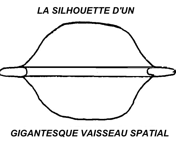 La silhouette d'un gigantesque  vaisseau spatial, en forme à peu près de Saturne.