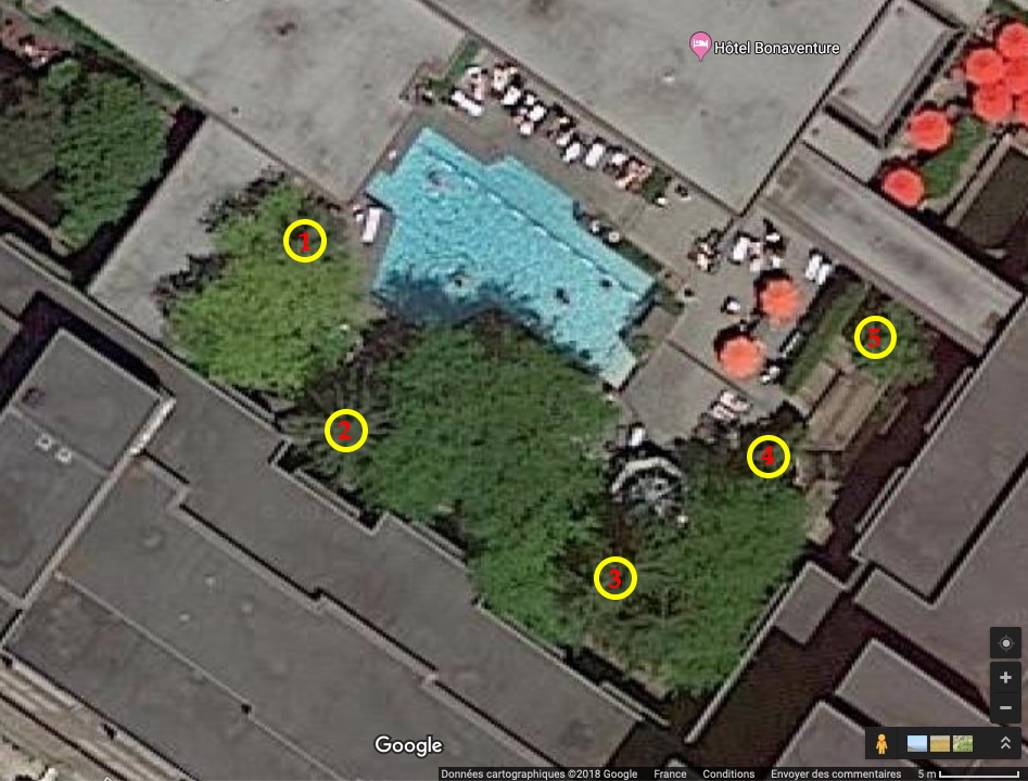 Position des cinq arbres, formant à peu près un demi-cercle !