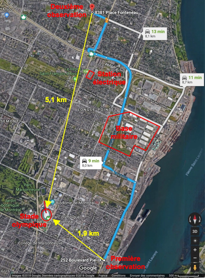 positions successives du témoin, du stade olympique et de la centrale électrique