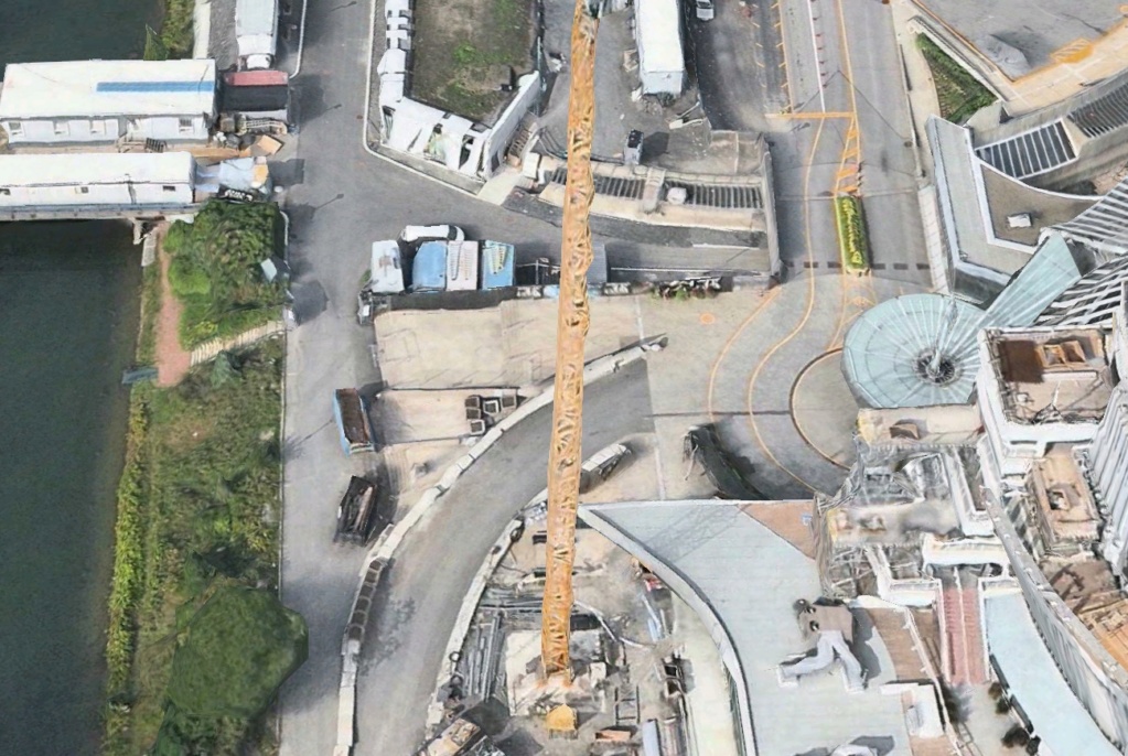 Reconstitution 3D sur laquelle on voit la grue, non loin des structures percées