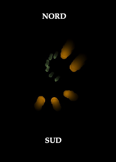 Un demi-cercle de 5 lumières orangées pour les arbres à droite, et un demi-cercle plus petit de 6 lumières bleutées pour la piscineà gauche, avec le nord en haut et le sud à droite