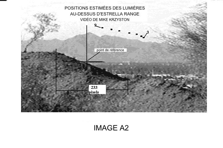 Positions estimées des lumières au-dessus d'Estrella Range d'après la vidéo de Mike Krzyston