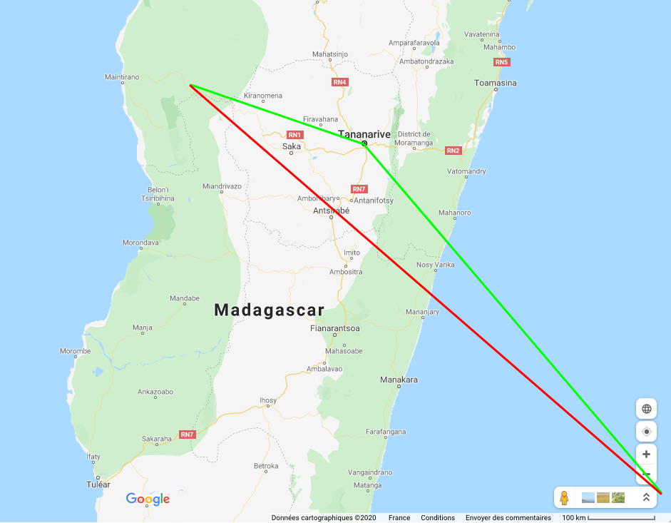 Trajectoire orientée nord-ouest, venant de l'océan et se terminant peu après Sakay